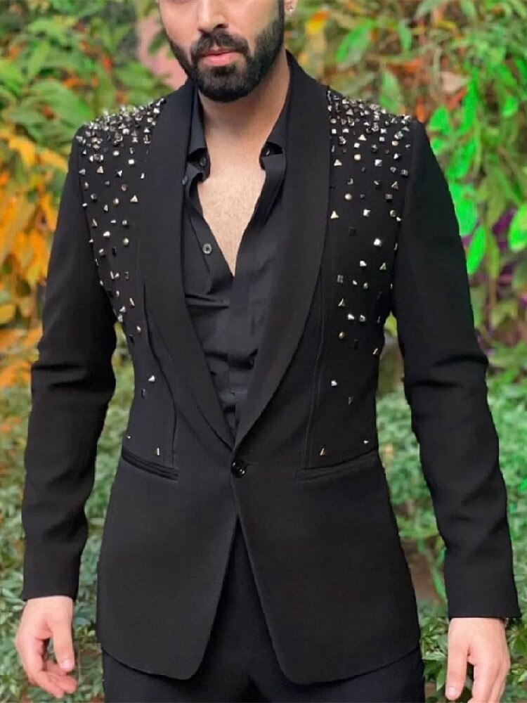 Costume Men Suits Tailor-Made 2 Pieces Blazer Pants One Button Diamonds Beaded Sheer Lapel Business Wedding Plus Size