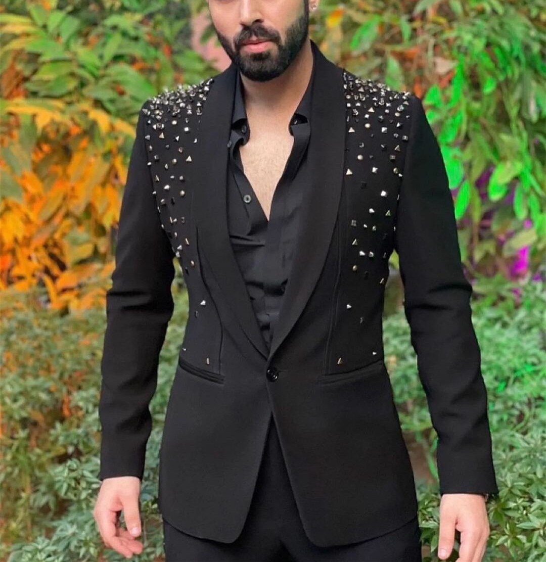 Costume Men Suits Tailor-Made 2 Pieces Blazer Pants One Button Diamonds Beaded Sheer Lapel Business Wedding Plus Size
