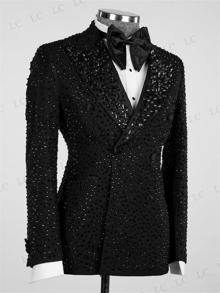 Crystals Luxury Men Suits 2 Pieces Blazer One Button Beaded Diamonds Prom Tuxedo Slim Wedding Groom Plus Size Costume Homme