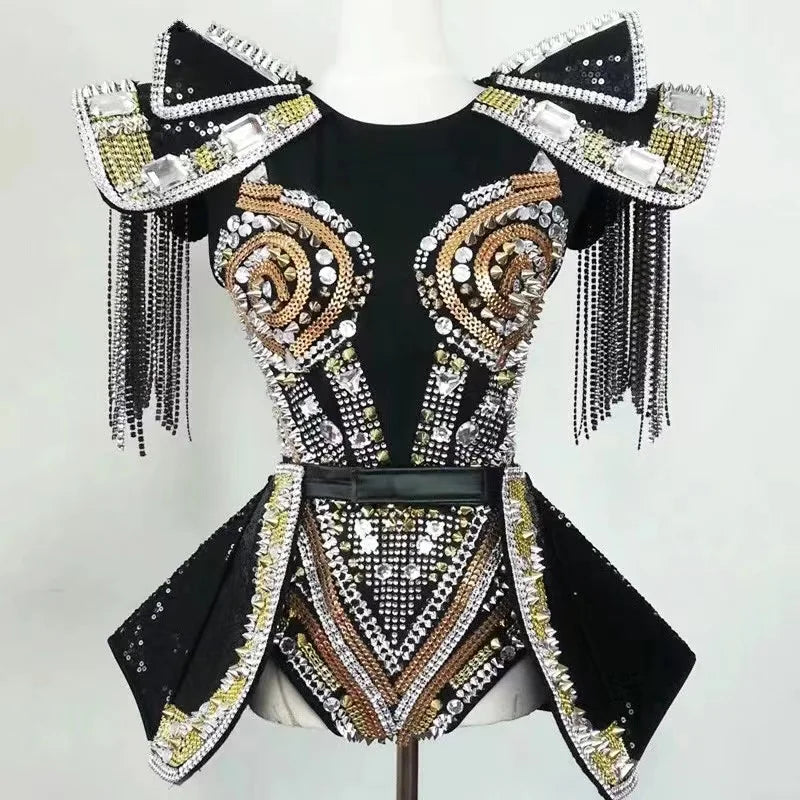 Crystals Stones Bodysuit Nightclub Dancer Stage Show Catsuit Dance Outfit New Armor Style Bar Female DJ DS Costumes