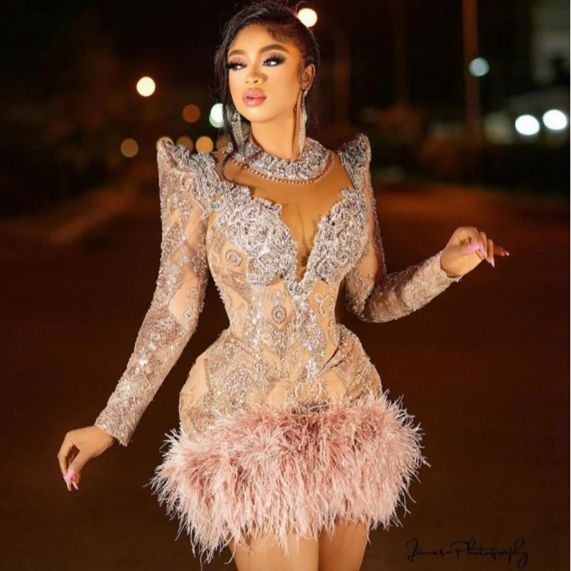 Custom Beads Short Prom Dress Ostrich Robes De Soirée Crystals Prom Dress with Sleeves Special Occasion Birthday Wear