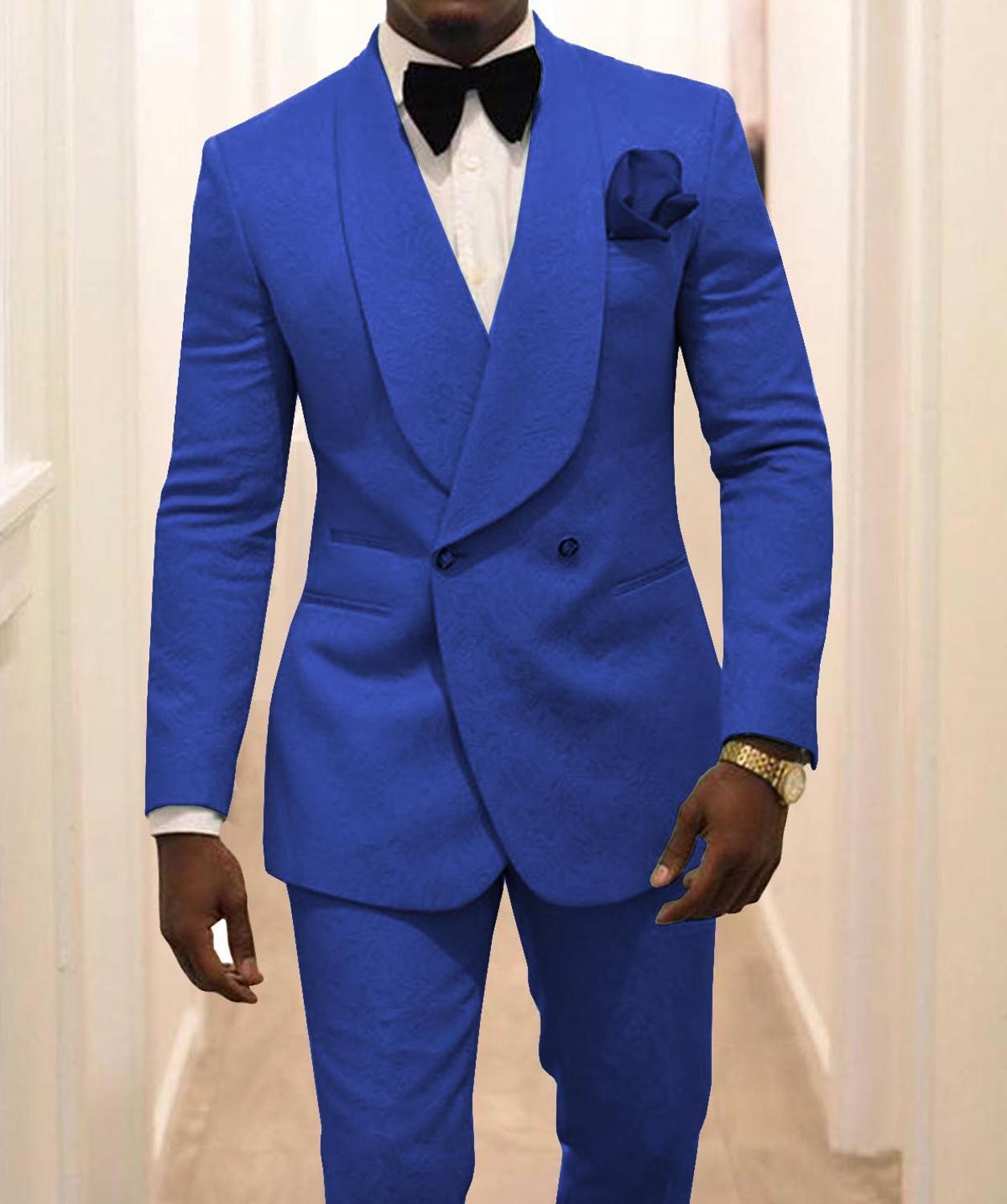 Groomsmen White Pattern Groom Tuxedos Shawl Lapel Men Suits 2 Pieces Wedding Best Man ( Jacket+Pants ) Costume Homme