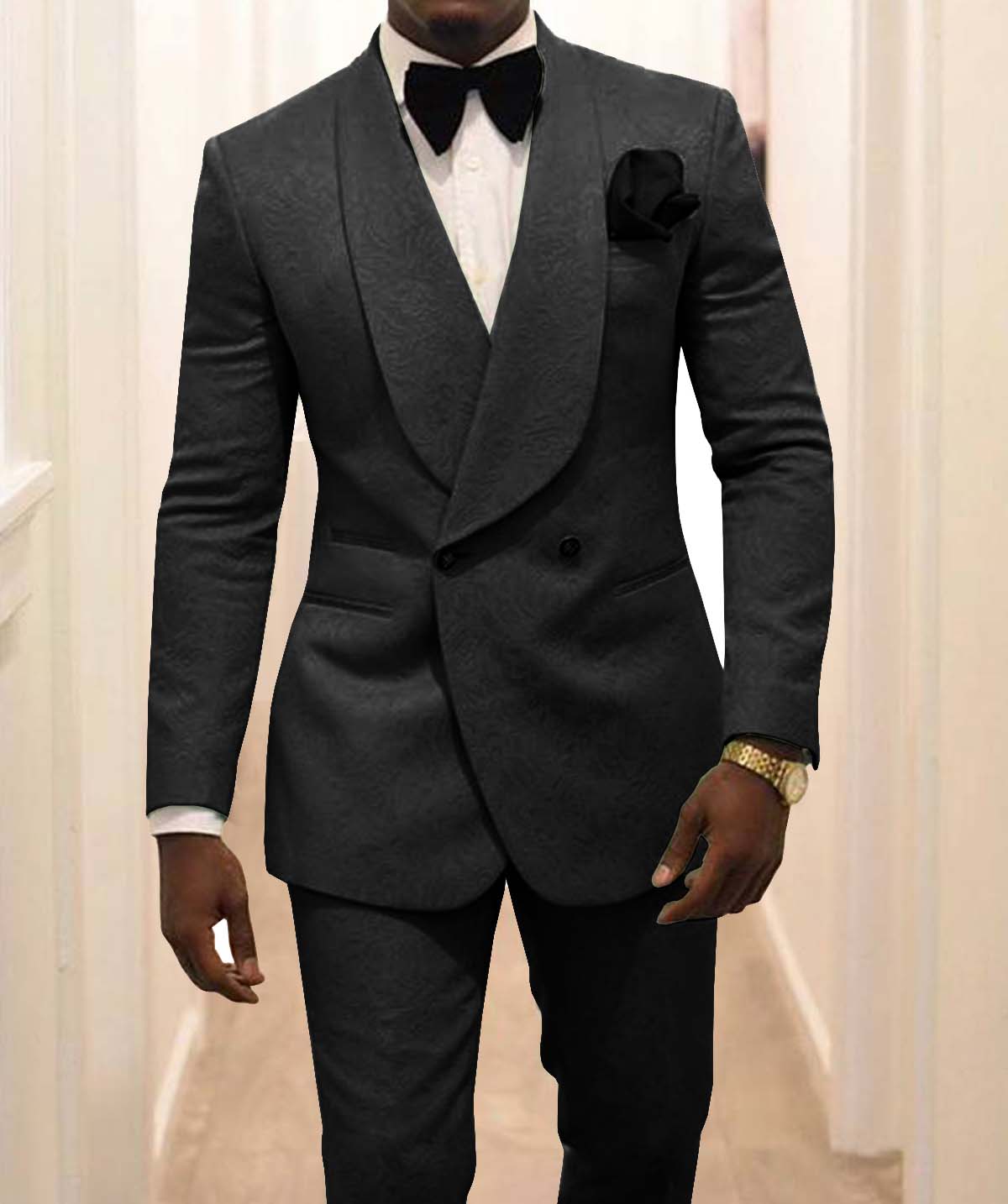 Groomsmen White Pattern Groom Tuxedos Shawl Lapel Men Suits 2 Pieces Wedding Best Man ( Jacket+Pants ) Costume Homme