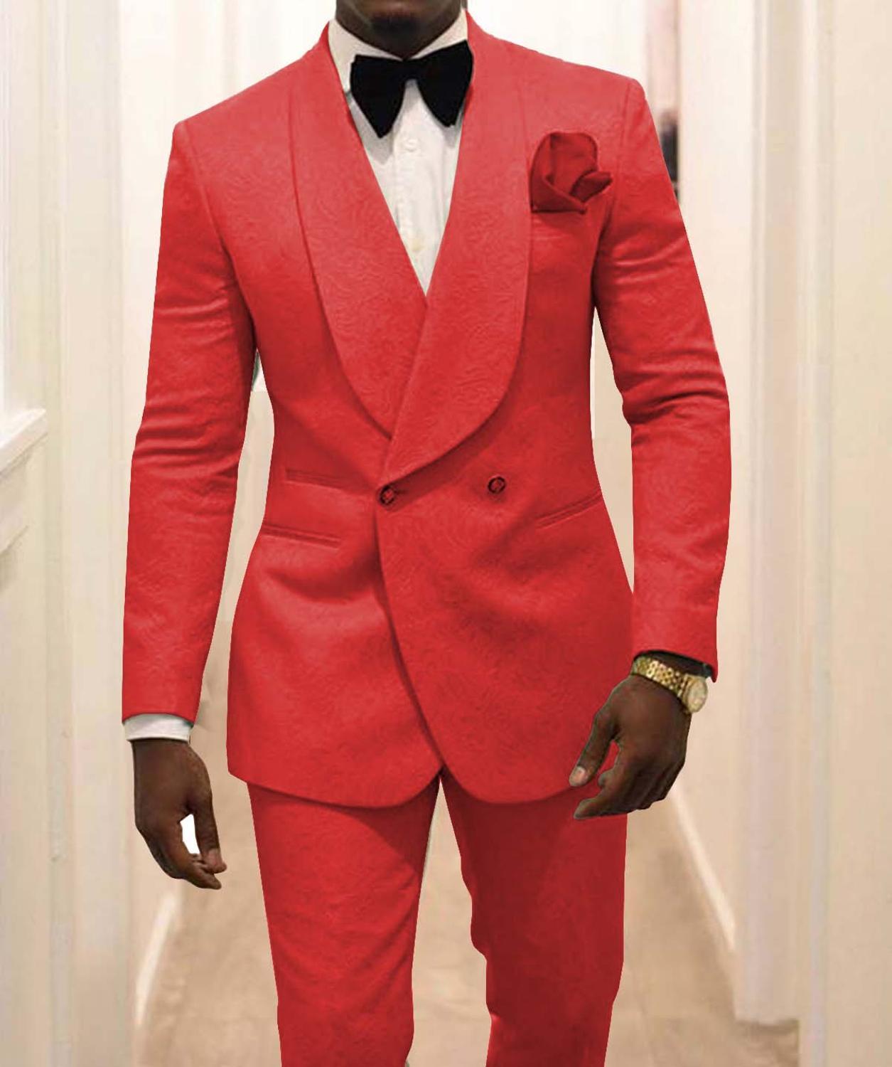 Groomsmen White Pattern Groom Tuxedos Shawl Lapel Men Suits 2 Pieces Wedding Best Man ( Jacket+Pants ) Costume Homme