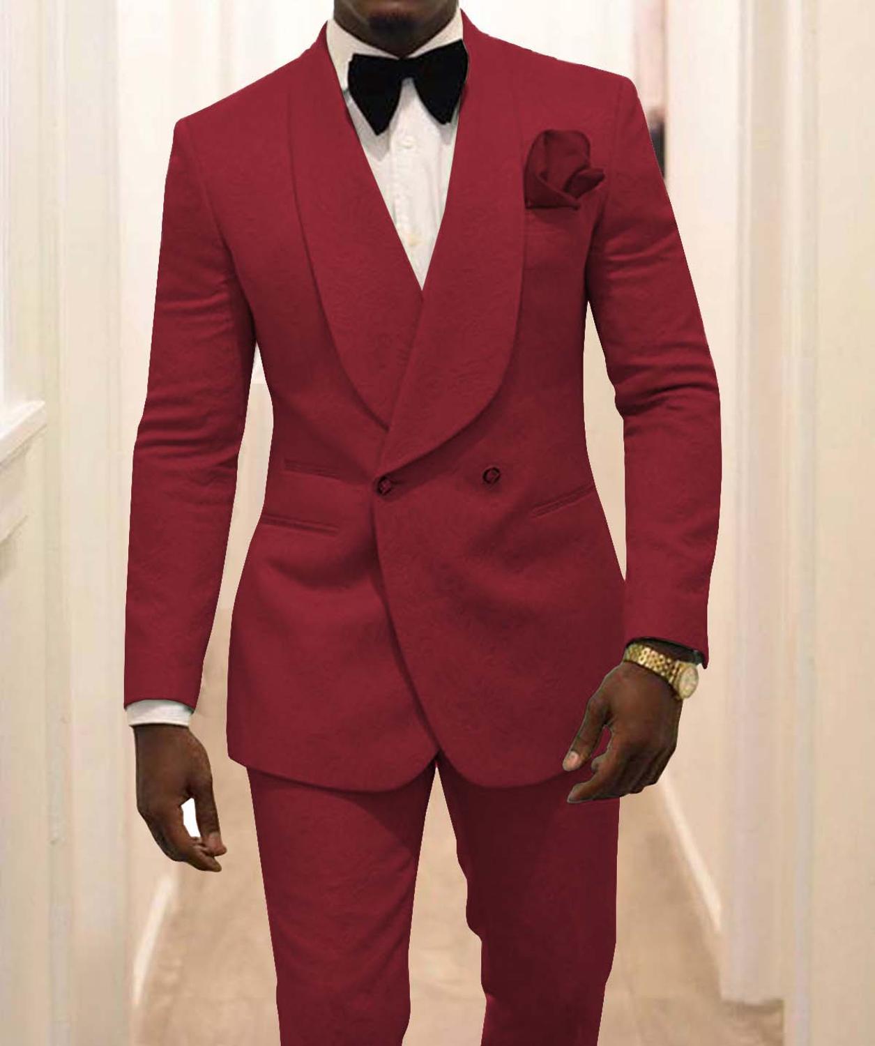 Groomsmen White Pattern Groom Tuxedos Shawl Lapel Men Suits 2 Pieces Wedding Best Man ( Jacket+Pants ) Costume Homme