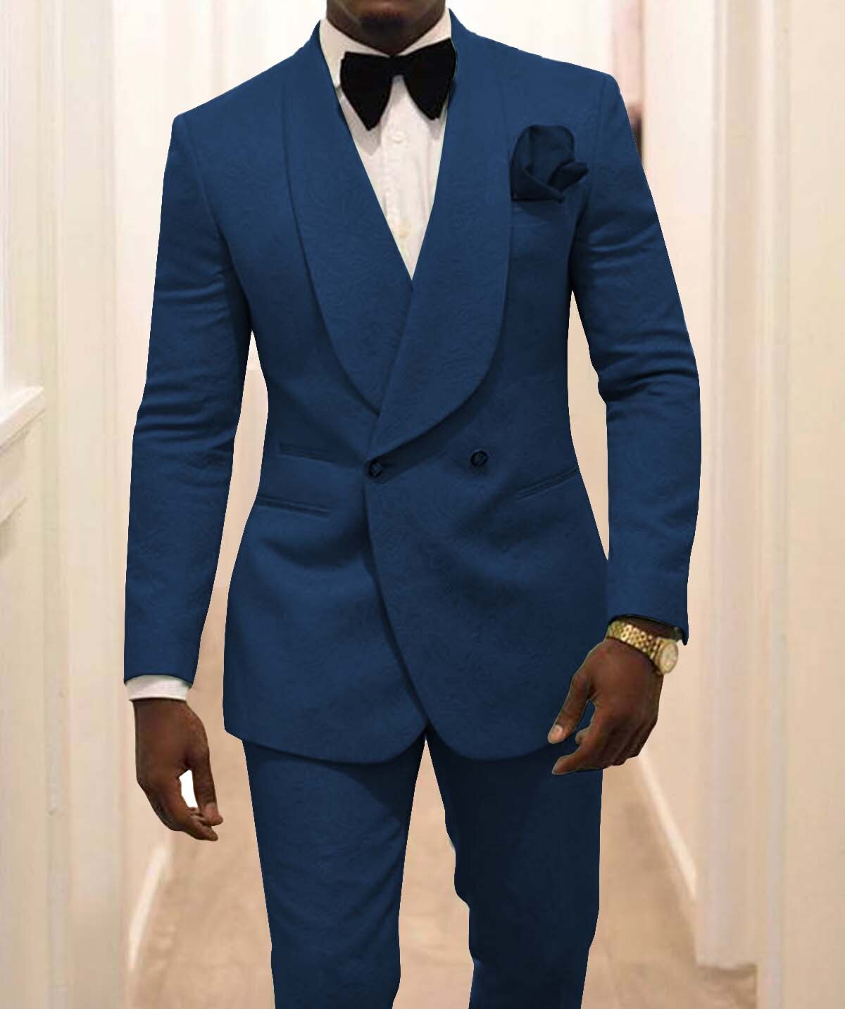 Groomsmen White Pattern Groom Tuxedos Shawl Lapel Men Suits 2 Pieces Wedding Best Man ( Jacket+Pants ) Costume Homme