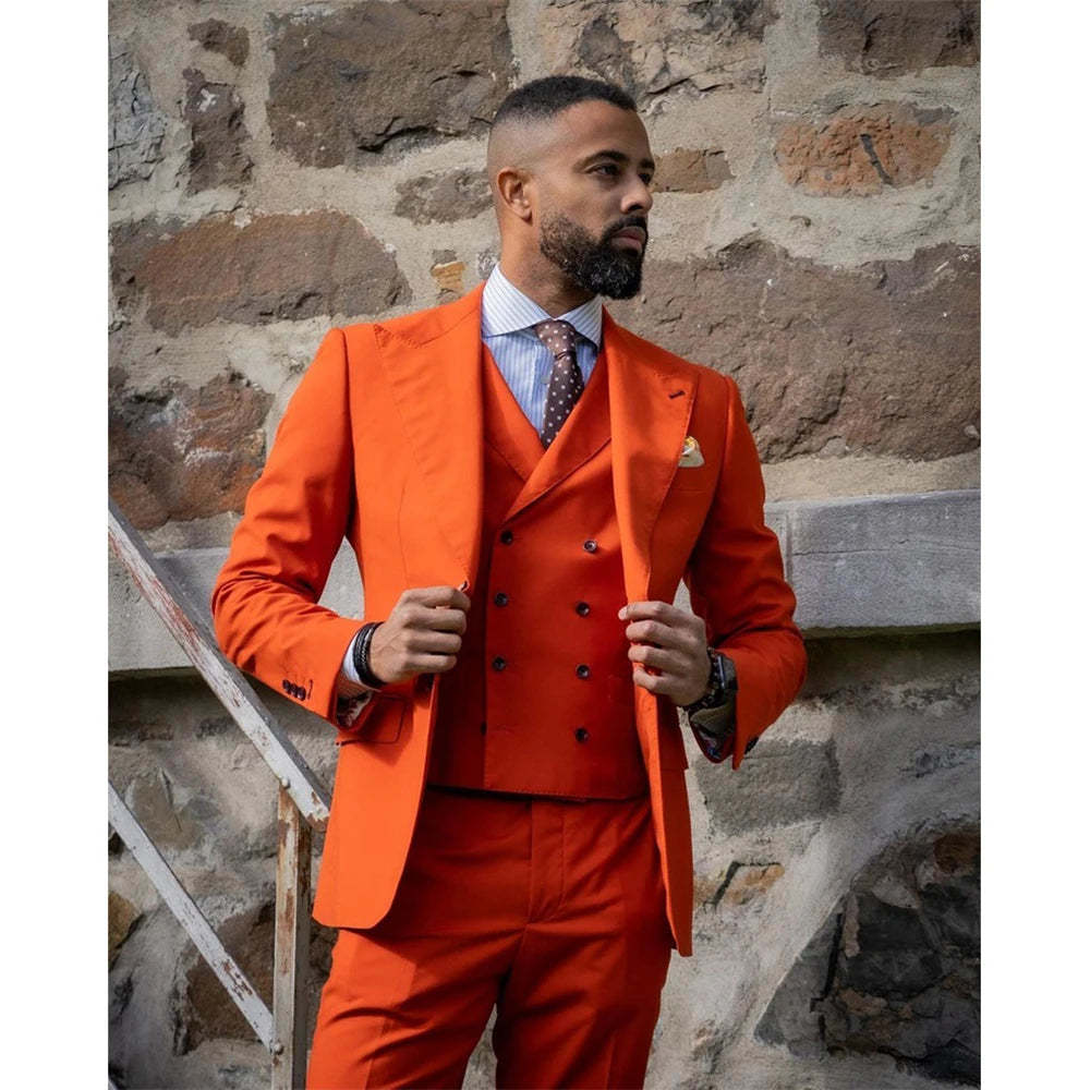 Custom Made Men Suits Dark Orange Groom Suit Peak Lapel Groomsmen 3 P