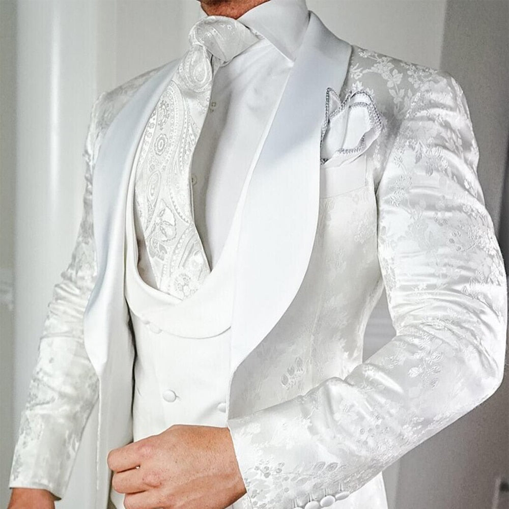 Custom Made Satin Jacquard Wedding Groom Slim Fit Men Suits with Shawl Lapel 3 Pieces (Blazer + Vest + Pants )