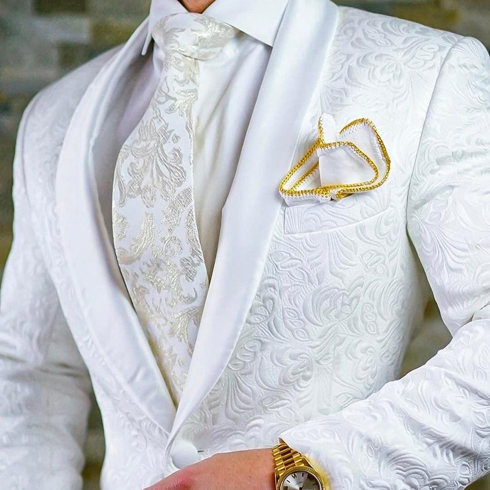 Custom Made Satin Jacquard Wedding Groom Slim Fit Men Suits with Shawl Lapel 3 Pieces (Blazer + Vest + Pants )