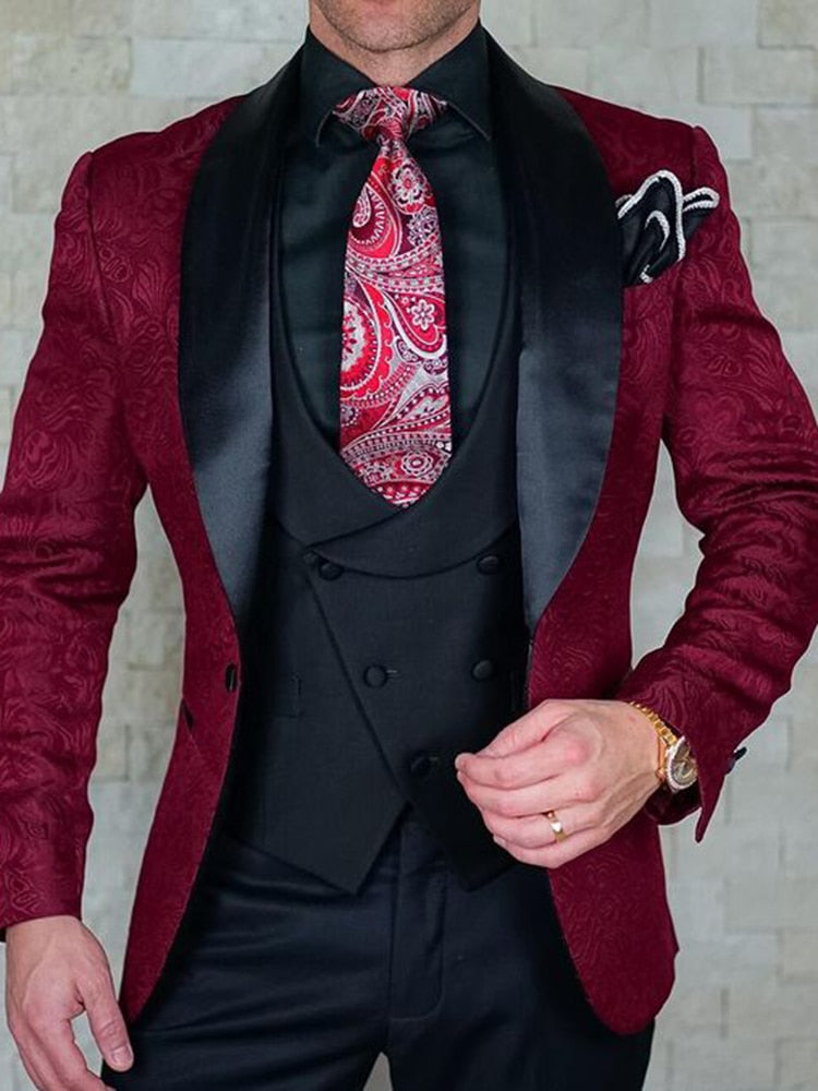Custom Made Satin Jacquard Wedding Groom Slim Fit Men Suits with Shawl Lapel 3 Pieces (Blazer + Vest + Pants )