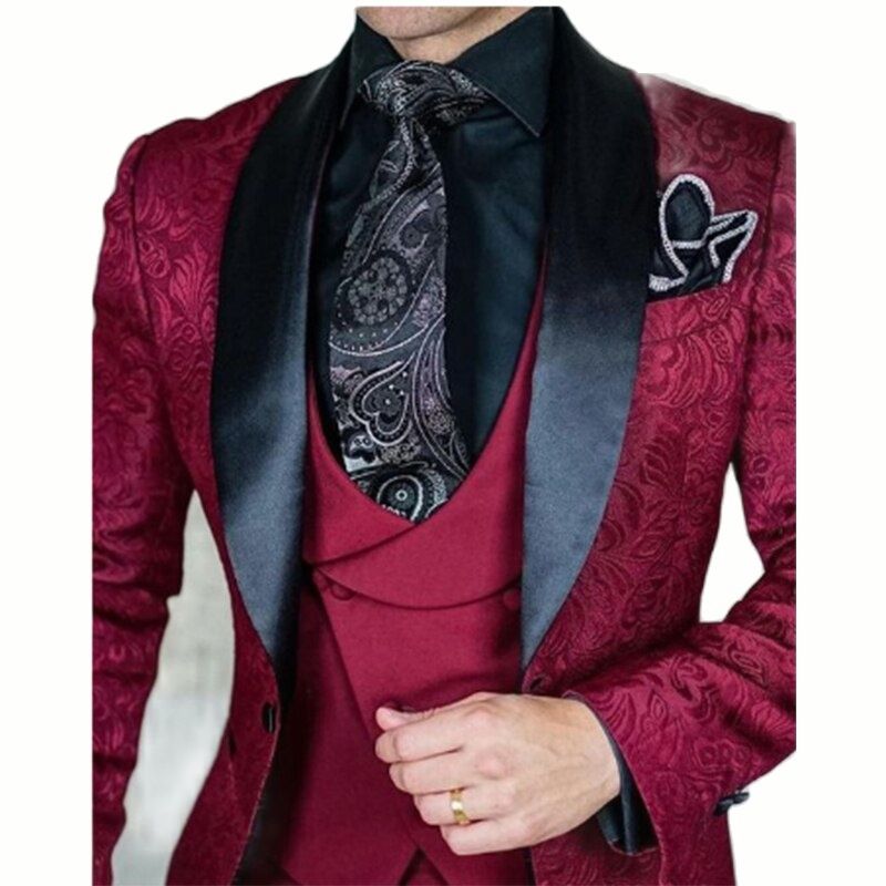 Custom Made Satin Jacquard Wedding Groom Slim Fit Men Suits with Shawl Lapel 3 Pieces (Blazer + Vest + Pants )
