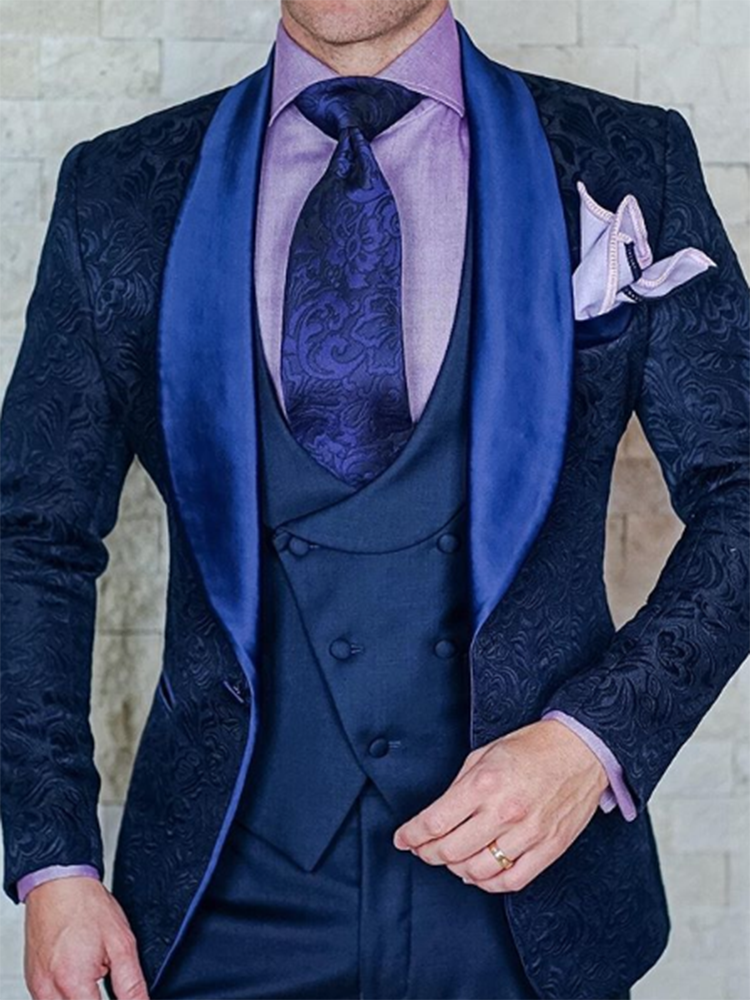Custom Made Satin Jacquard Wedding Groom Slim Fit Men Suits with Shawl Lapel 3 Pieces (Blazer + Vest + Pants )