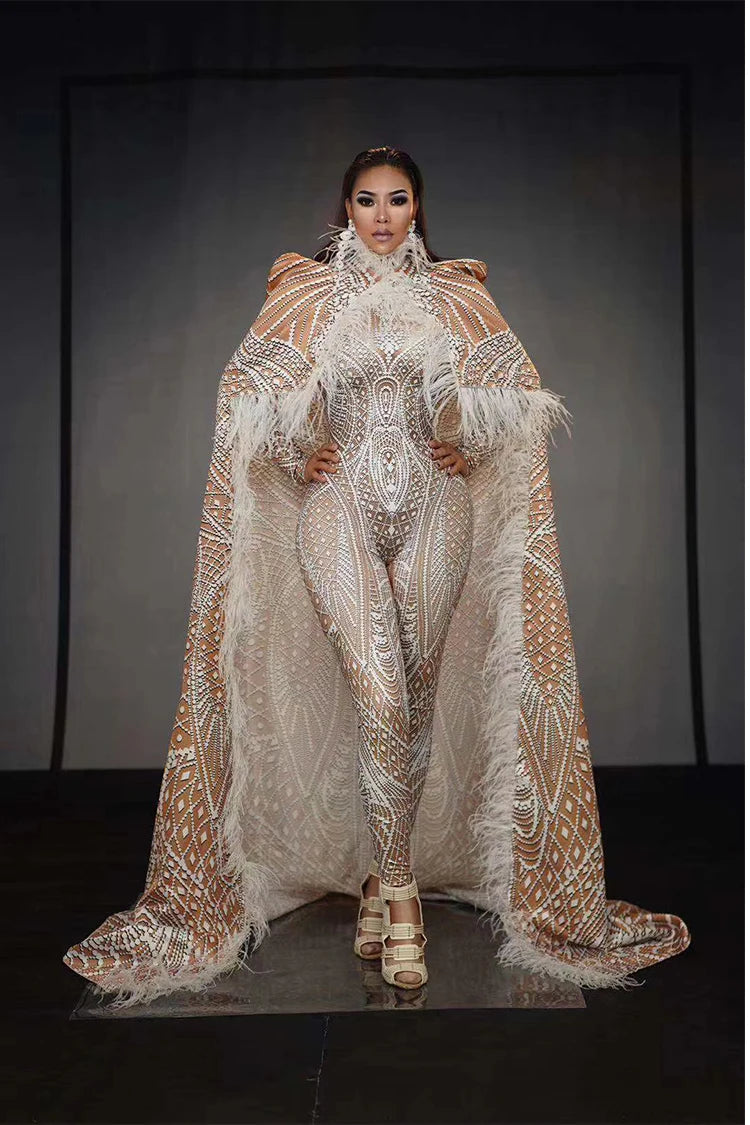 Dancer Models Prom Nightclub Drag Queen Costumes Female Man Singer Stage Wear Printing Tiger Stretch Jumpsuit Long Cloak Outfit