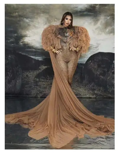 Dancer Models Prom Nightclub Drag Queen Costumes Female Man Singer Stage Wear Printing Tiger Stretch Jumpsuit Long Cloak Outfit