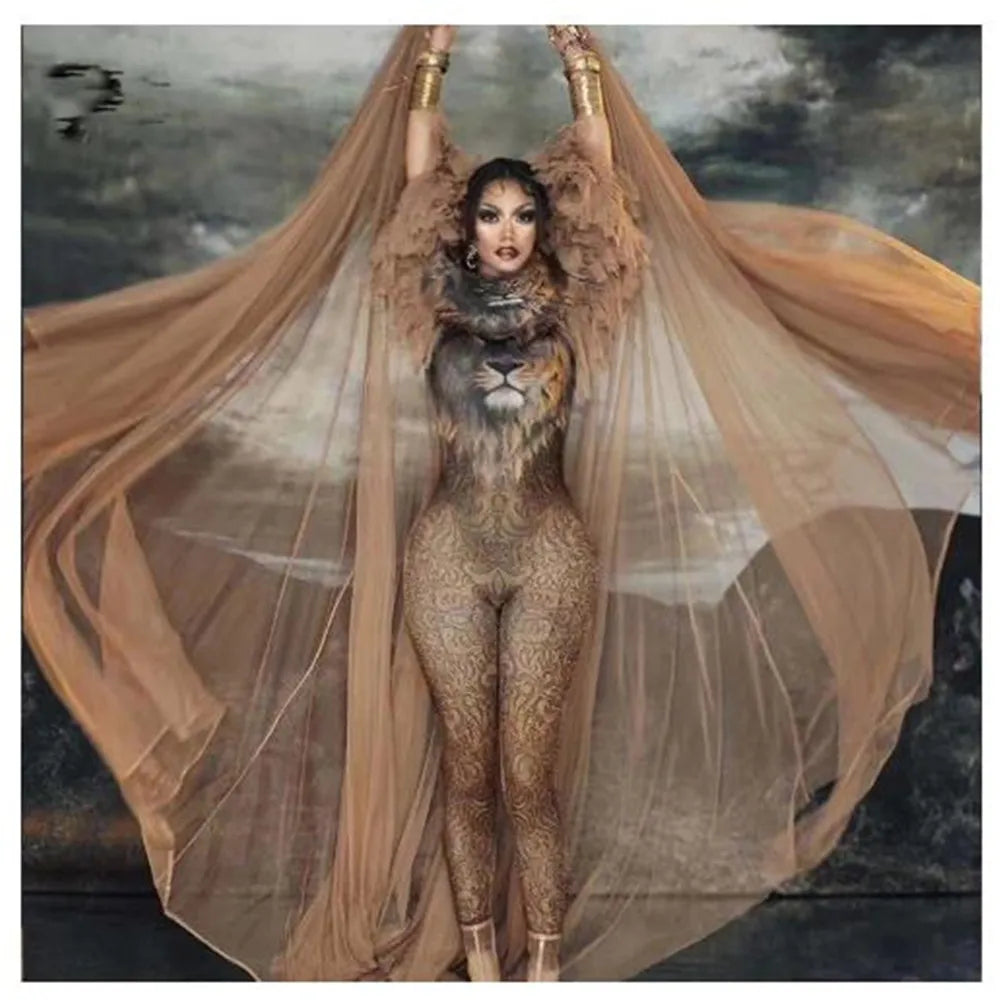 Dancer Models Prom Nightclub Drag Queen Costumes Female Man Singer Stage Wear Printing Tiger Stretch Jumpsuit Long Cloak Outfit