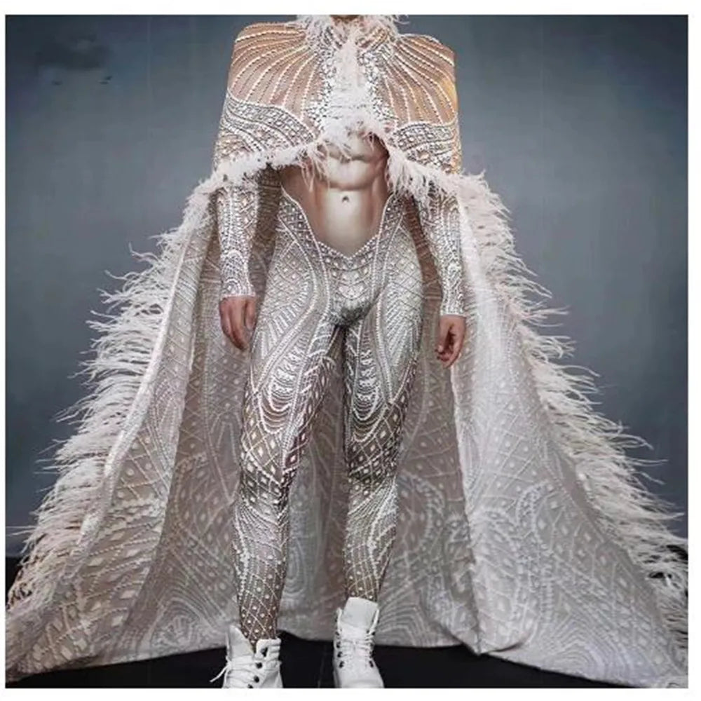 Dancer Models Prom Nightclub Drag Queen Costumes Female Man Singer Stage Wear Printing Tiger Stretch Jumpsuit Long Cloak Outfit