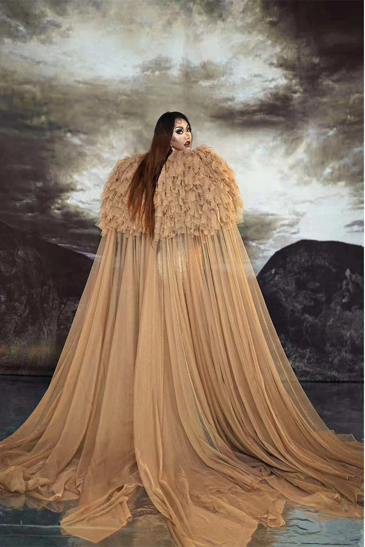 Dancer Models Prom Nightclub Drag Queen Costumes Female Man Singer Stage Wear Printing Tiger Stretch Jumpsuit Long Cloak Outfit