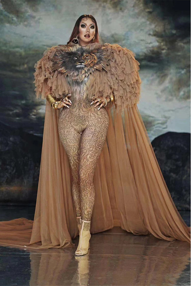 Dancer Models Prom Nightclub Drag Queen Costumes Female Man Singer Stage Wear Printing Tiger Stretch Jumpsuit Long Cloak Outfit