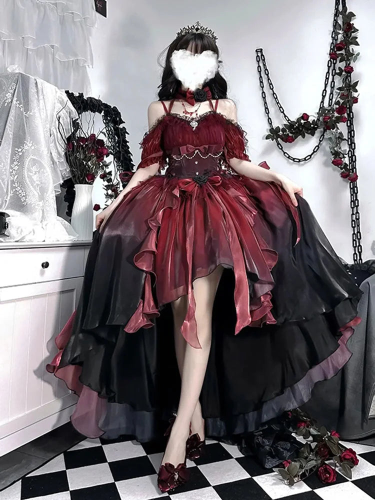 Dark Bride Red Flower Wedding Dress Cos Lolita Dress Op Dress Lolita Heavy Industry Trail Puffy Princess Dress, Lolita Cosplay