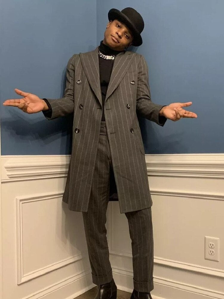 Dark Gray Men Suit Tailor-Made 2 Pieces Long Blazer Pants Tuxedo Double Breasted Pinstripes Fashion Wedding Groom Prom Tailored