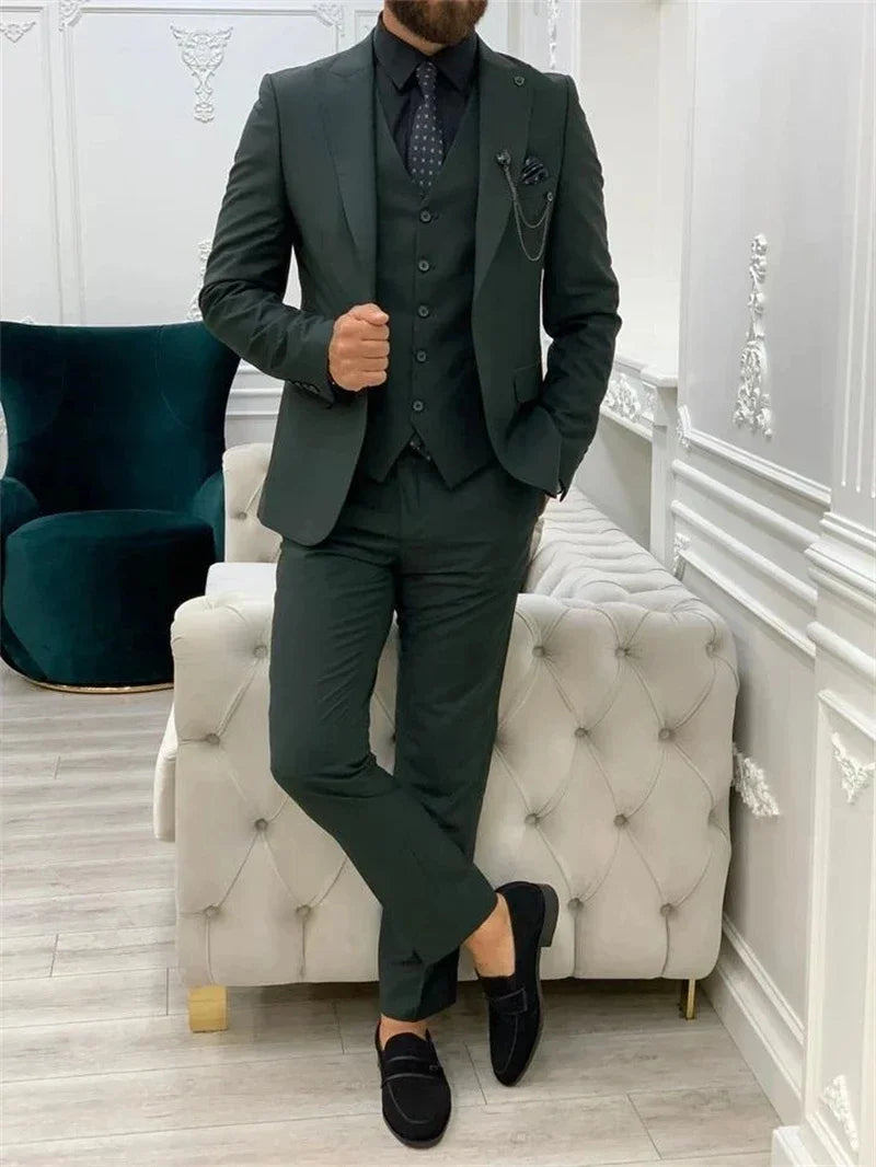 Dark Green Wedding Tuxedos Men Suit Peak Lapel Terno Slim Fit Groom Prom Man Blazer Custom 3 Pcs Jacket Pant Vest