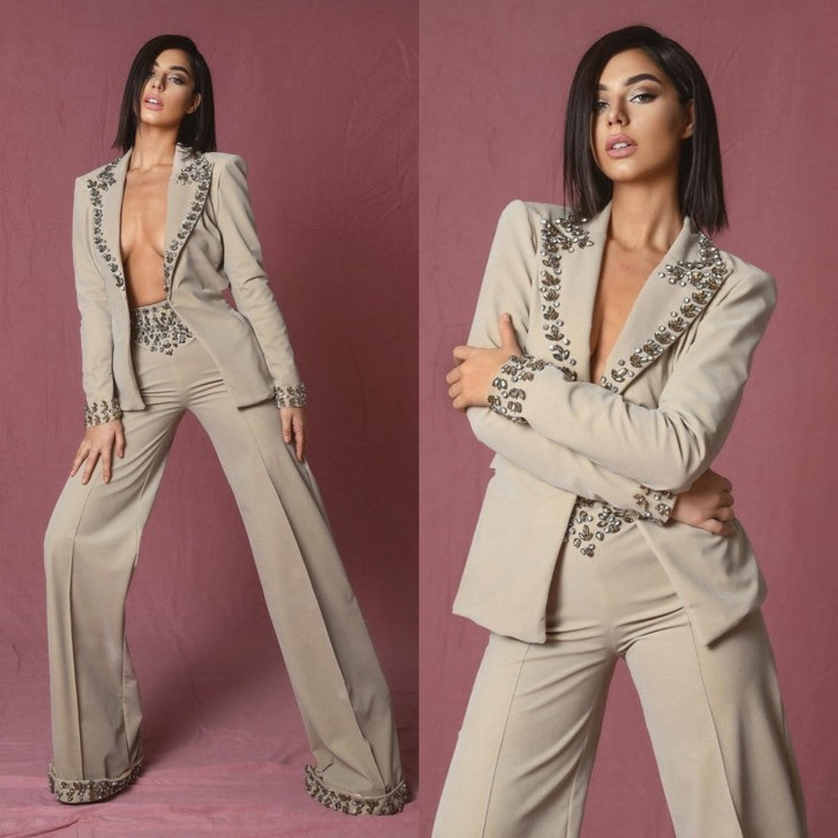 Designer Beading Mother Of The Bride Pant Suits Crystal 2 Formal Office Lady Blazer Prom Party Business Outfits