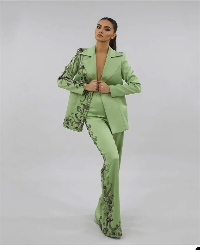 Designer Green Women Suits Set Luxury Beads Appliques Formal Wedding Evening Party Prom Dress 2 Pieces Blazer+Pants Custom Made