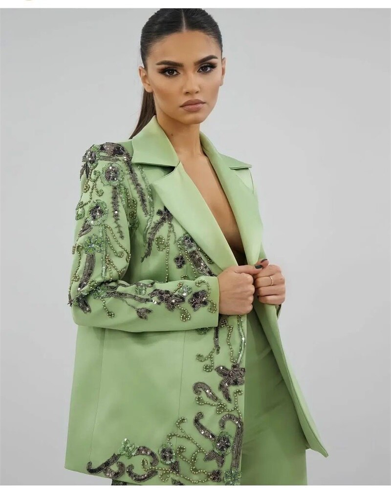 Designer Green Women Suits Set Luxury Beads Appliques Formal Wedding Evening Party Prom Dress 2 Pieces Blazer+Pants Custom Made