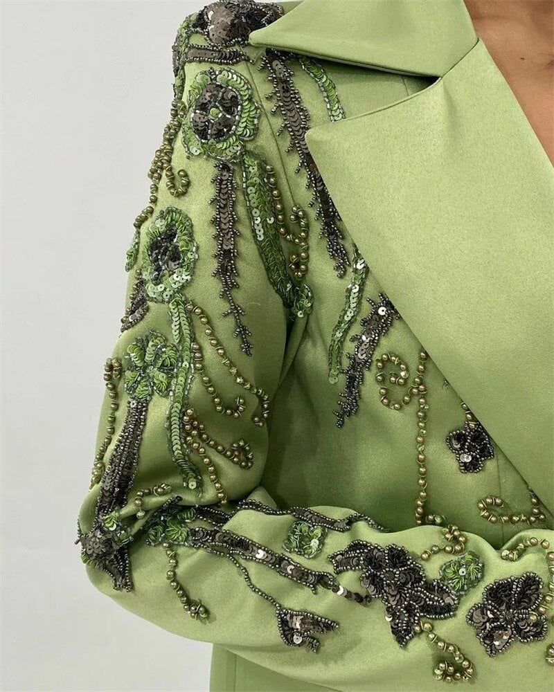 Designer Green Women Suits Set Luxury Beads Appliques Formal Wedding Evening Party Prom Dress 2 Pieces Blazer+Pants Custom Made