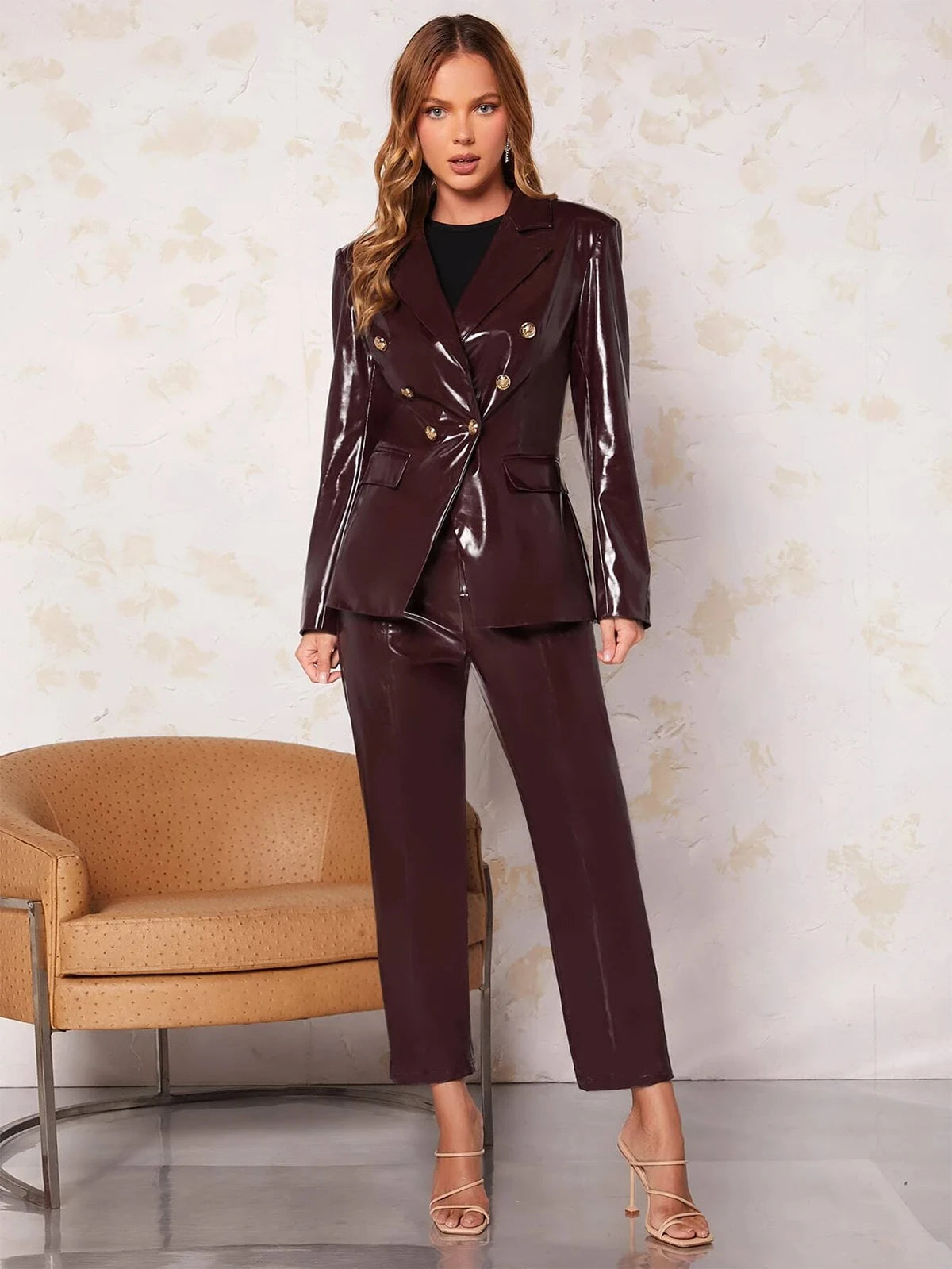 Desinger Leather Women Blazer Suits V Neck Evening Party Ladies Tuxedos For Wedding Two Pieces Jacket And Pants