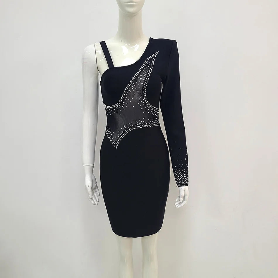 Diamond Rhinestones Bandage Dress Fashion Women Black Asymmetry Long-sleeve One-shoulder Sexy Elastic Mesh Slim Party Clubwear