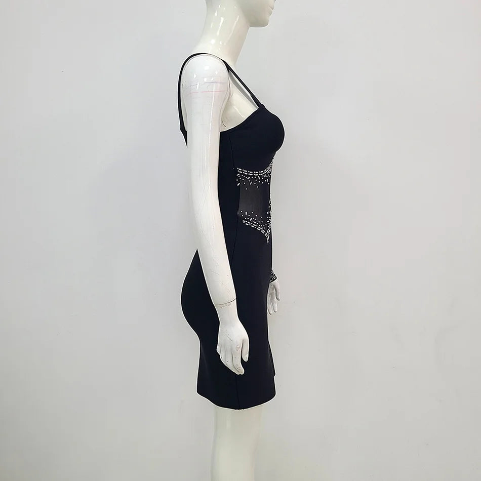 Diamond Rhinestones Bandage Dress Fashion Women Black Asymmetry Long-sleeve One-shoulder Sexy Elastic Mesh Slim Party Clubwear