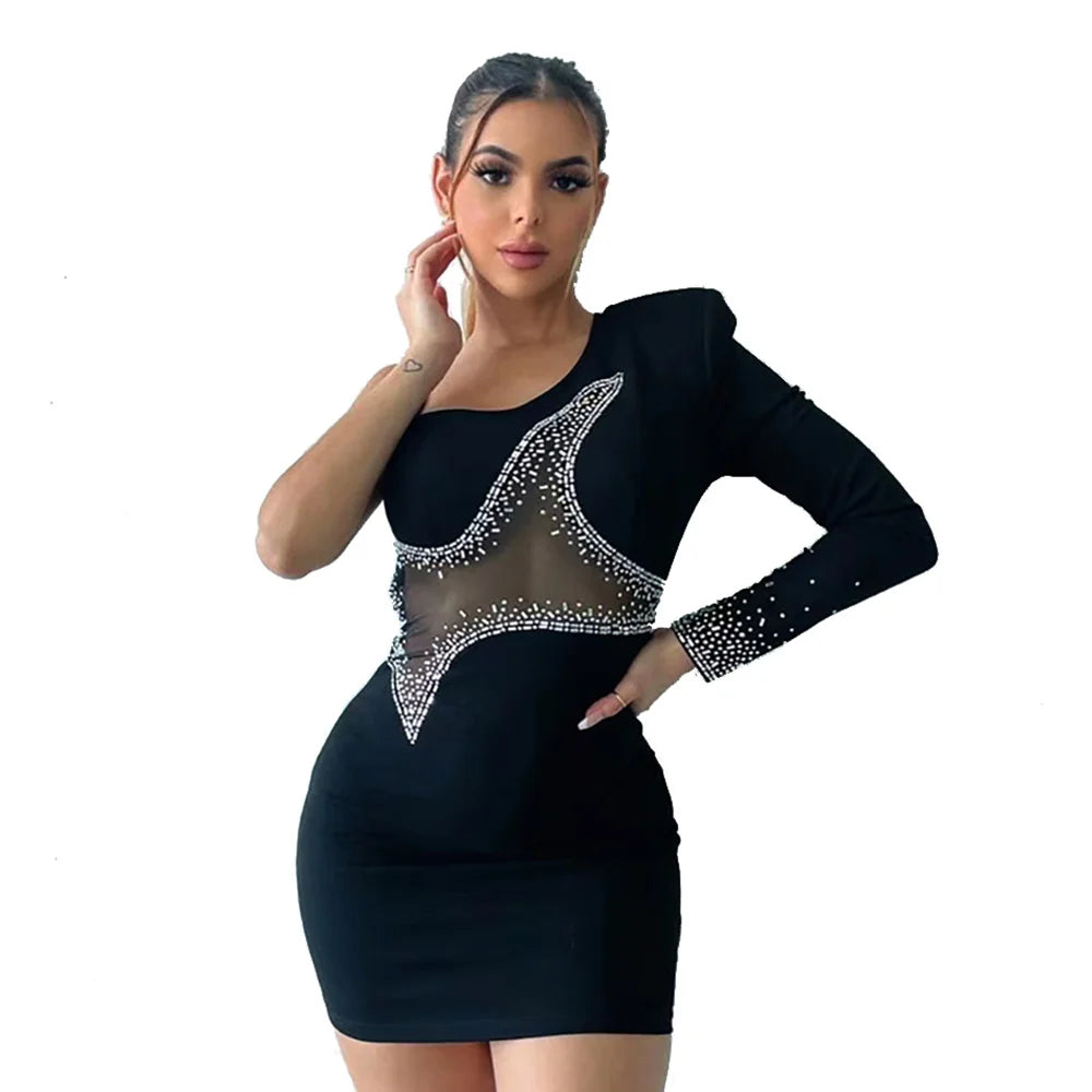 Diamond Rhinestones Bandage Dress Fashion Women Black Asymmetry Long-sleeve One-shoulder Sexy Elastic Mesh Slim Party Clubwear