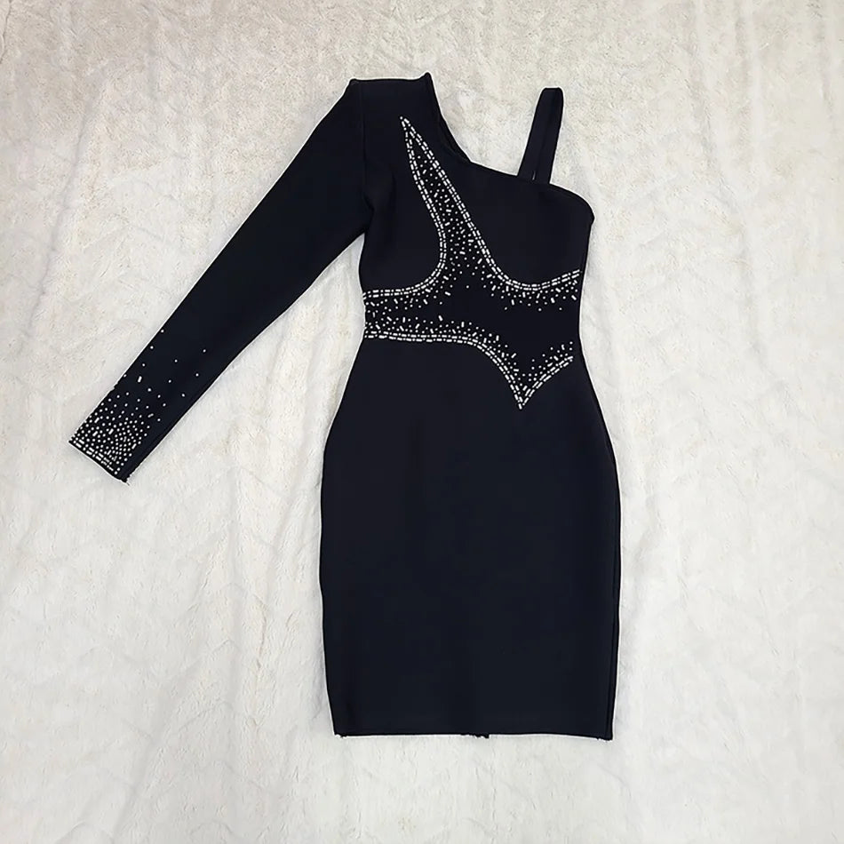 Diamond Rhinestones Bandage Dress Fashion Women Black Asymmetry Long-sleeve One-shoulder Sexy Elastic Mesh Slim Party Clubwear
