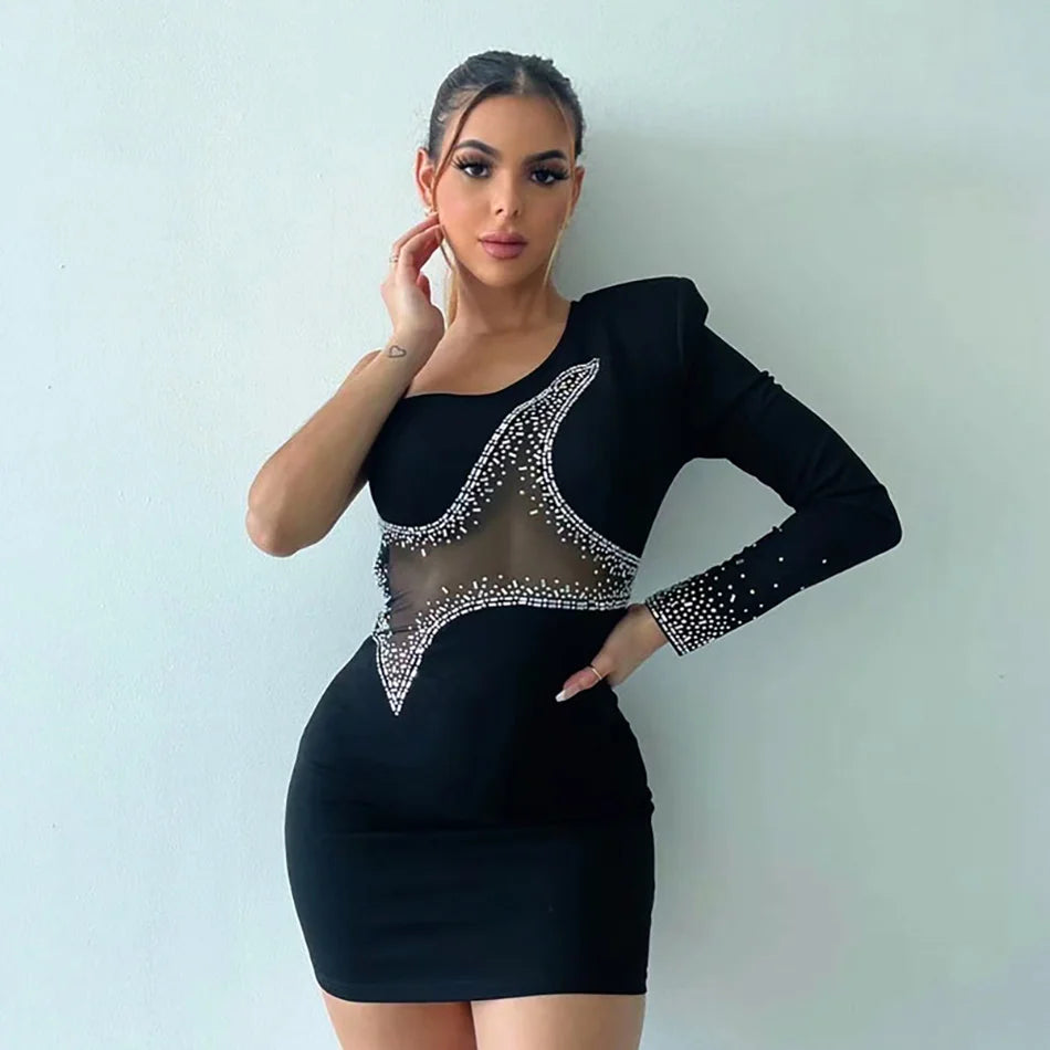 Diamond Rhinestones Bandage Dress Fashion Women Black Asymmetry Long-sleeve One-shoulder Sexy Elastic Mesh Slim Party Clubwear