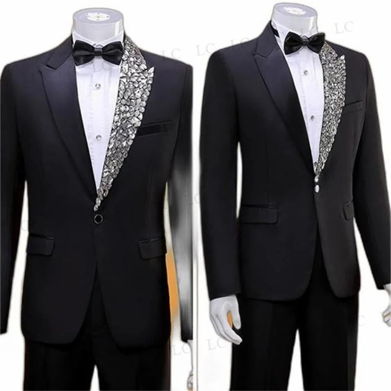Diamonds Crystals Luxury BlackWedding Groom Men Suits 2 Piece Blazer Pants One Button Tuxedo Formal Work Prom Plus Size Tailored