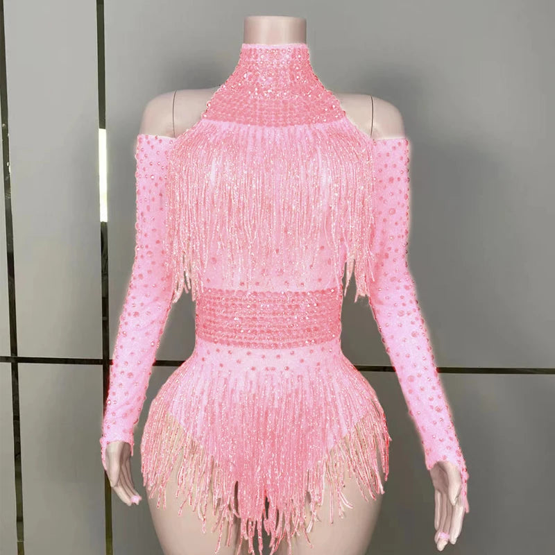 Drag Queen Costumes Red Rhinestones Fringed Bodysuit Women Gogo Dance Rave Outfit Dj Ds Stage Jazz Clothes Clubwear