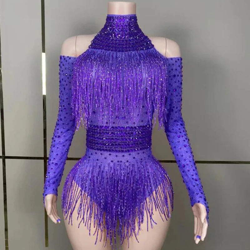 Drag Queen Costumes Red Rhinestones Fringed Bodysuit Women Gogo Dance Rave Outfit Dj Ds Stage Jazz Clothes Clubwear