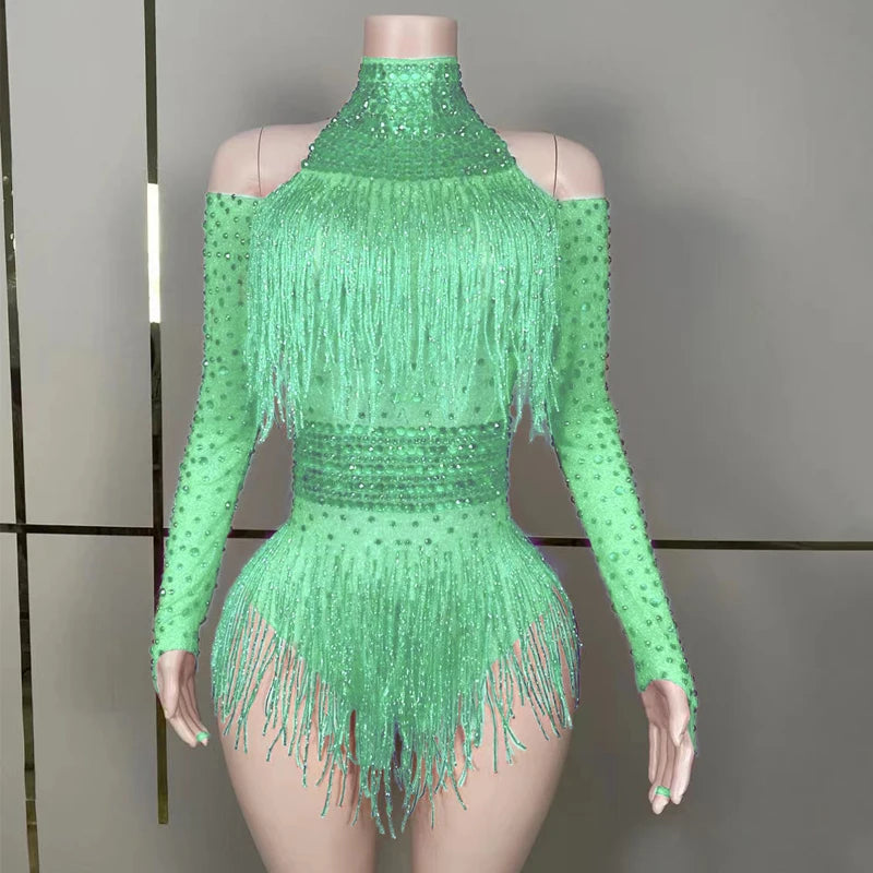 Drag Queen Costumes Red Rhinestones Fringed Bodysuit Women Gogo Dance Rave Outfit Dj Ds Stage Jazz Clothes Clubwear