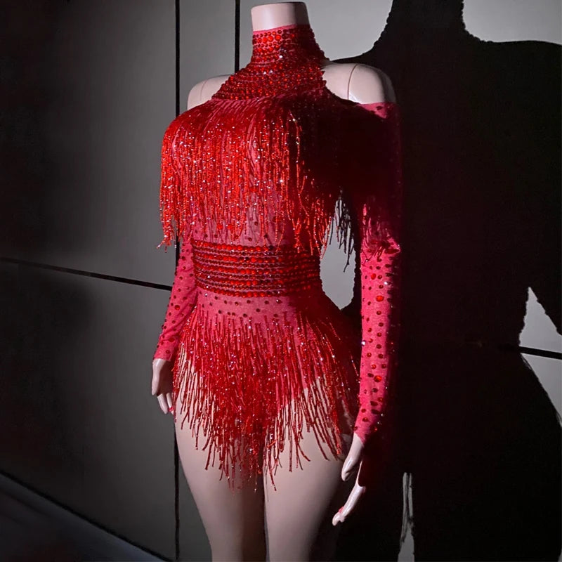 Drag Queen Costumes Red Rhinestones Fringed Bodysuit Women Gogo Dance Rave Outfit Dj Ds Stage Jazz Clothes Clubwear