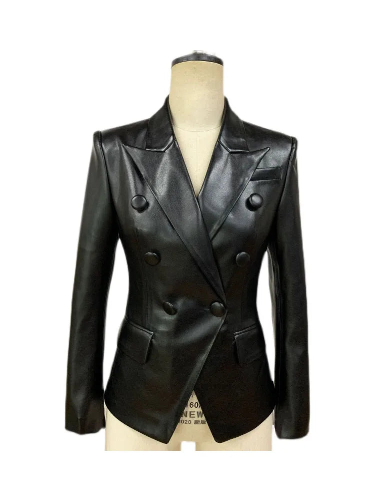 Newest Stylish Runway Designer Jacket Women's Slim Fitting Double Breasted Faux Leather Blazer