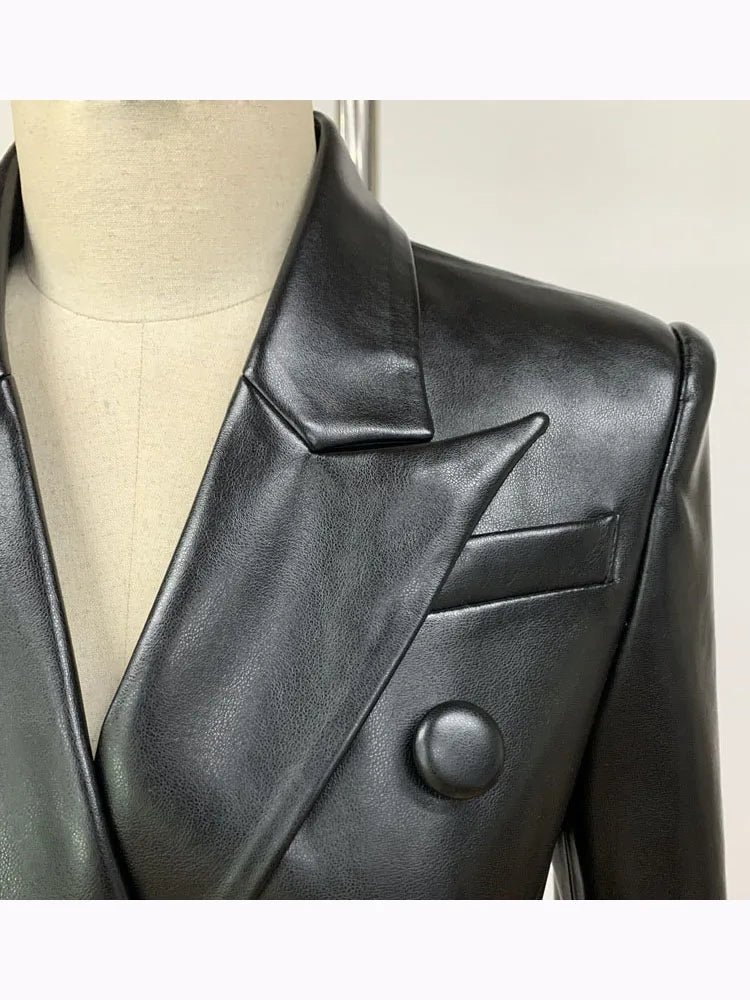 Newest Stylish Runway Designer Jacket Women's Slim Fitting Double Breasted Faux Leather Blazer