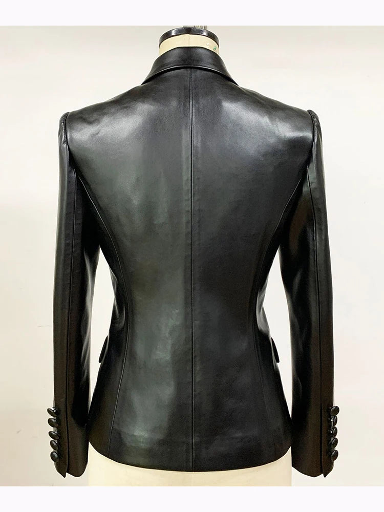 Newest Stylish Runway Designer Jacket Women's Slim Fitting Double Breasted Faux Leather Blazer