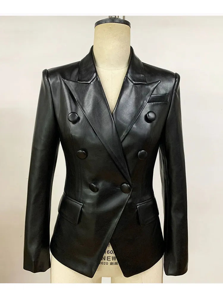 Newest Stylish Runway Designer Jacket Women's Slim Fitting Double Breasted Faux Leather Blazer