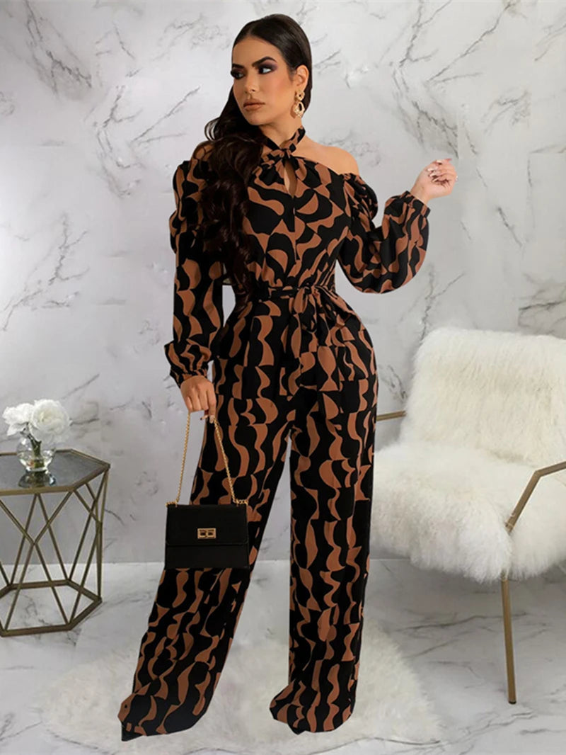 Elegant Print Off Shoulder Jumpsuit for Women Autumn Clothes Halter Full Sleeve Rompers Playsuits One Piece Set Overalls Outfits