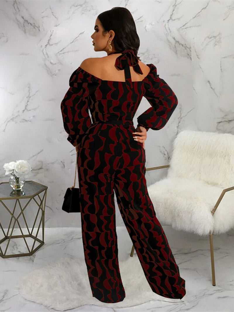 Elegant Print Off Shoulder Jumpsuit for Women Autumn Clothes Halter Full Sleeve Rompers Playsuits One Piece Set Overalls Outfits