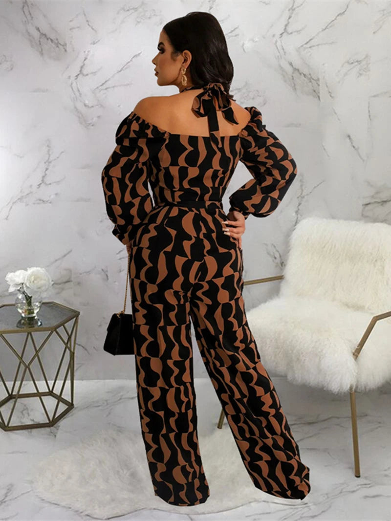 Elegant Print Off Shoulder Jumpsuit for Women Autumn Clothes Halter Full Sleeve Rompers Playsuits One Piece Set Overalls Outfits