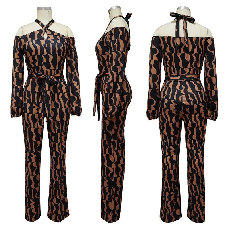 Elegant Print Off Shoulder Jumpsuit for Women Autumn Clothes Halter Full Sleeve Rompers Playsuits One Piece Set Overalls Outfits