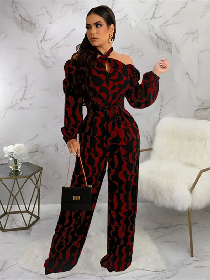 Elegant Print Off Shoulder Jumpsuit for Women Autumn Clothes Halter Full Sleeve Rompers Playsuits One Piece Set Overalls Outfits