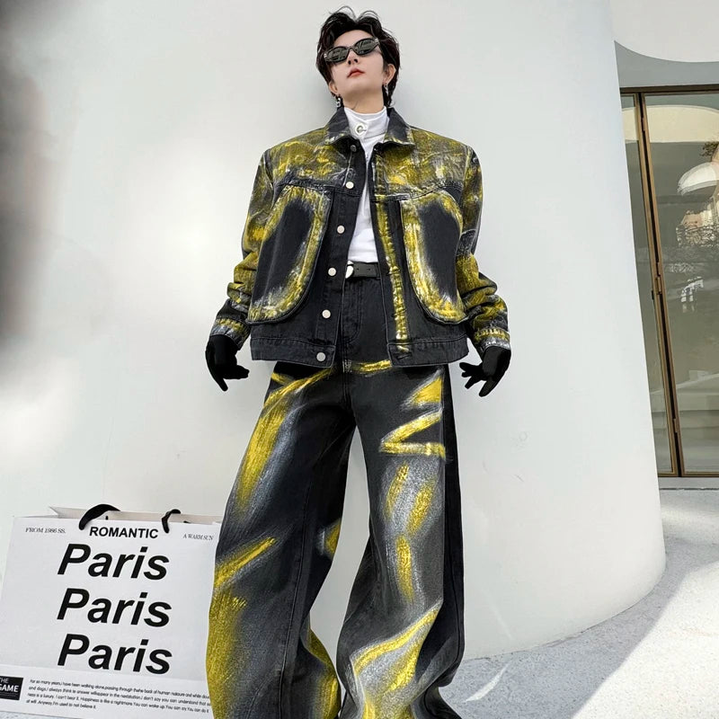 Men's Spring Yellow Painted Pocket Denim Jacket Denim Pants Loose Fitting Set High Street Male Clothes Winter